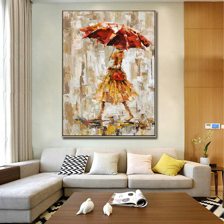 Girl in Rain Wall Art Red Umbrella Oil Painting