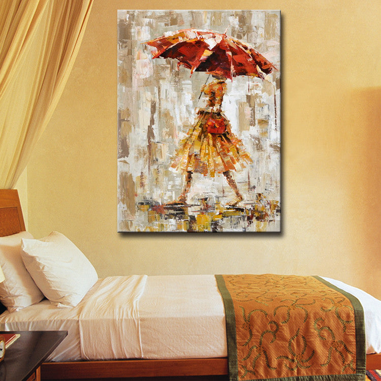 Girl in Rain Wall Art Red Umbrella Oil Painting